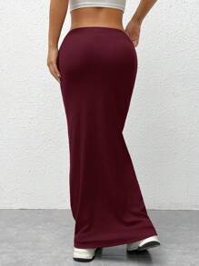 SHEIN EZwear Váy dài đến đầu gối bó sát đan màu đen dành cho nữ - Màu Đỏ Sâu - Xem 2