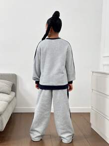 SHEIN 青少年女孩休闲运动和家居服拼色宽松圆领运动衫和阔腿运动裤套装 - 灰色 - 查看 3