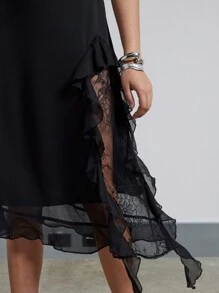 AiiRZ Đầm midi boho cổ tròn không tay viền bèo nhún bất đối xứng - màu đen - Xem 3