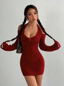 Flirla Váy len dệt kim cổ lọ thường ngày, thanh lịch và gợi cảm, mùa thu/đông - Đỏ - Xem 1