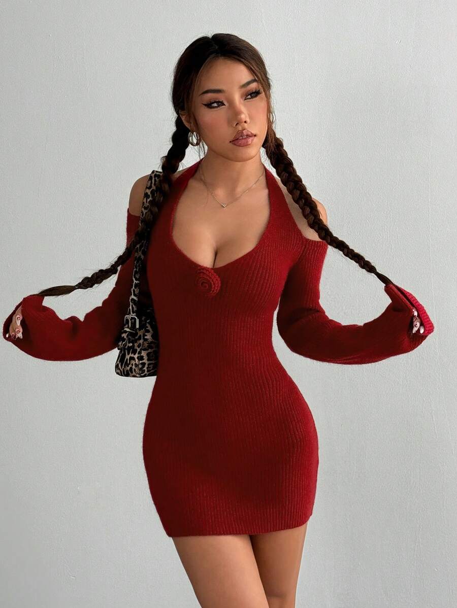 Flirla Váy len dệt kim cổ lọ thường ngày, thanh lịch và gợi cảm, mùa thu/đông - Đỏ - Xem 1