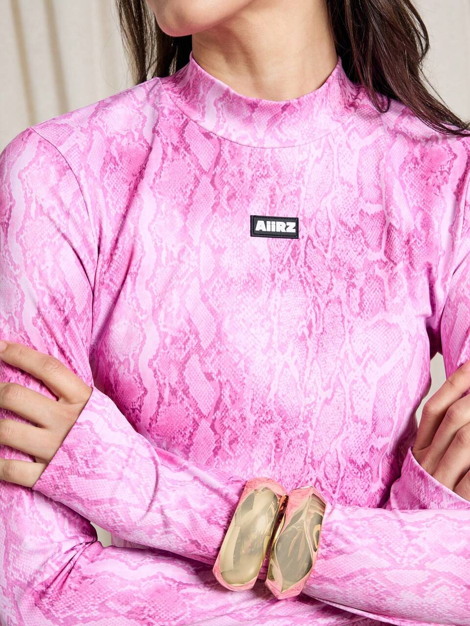 Snake Print High Neck Long Sleeve Fitted Top