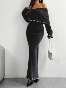 Chiquease 女式露肩珍珠纹理喇叭袖紧身毛衣连衣裙