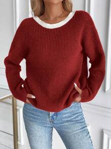 EMERY ROSE New Loose Fit Casual Knitted Sweater, Oversized European And American Style Fashion Soft Pullover For Women, Autumn/Winter Bow Tie For New Year Fall - Red - View 5