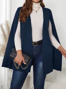 SHEIN Clasi Plus Size Women Open Front Cape Blazer Jacket - Navy Blue - View 3