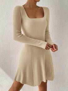 SHEIN Clasi 秋季加大码纯色针织毛衣连衣裙搭配热粉色连衣裙 - 杏色 - 查看 5