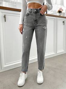 EURMUSE 100%Cotton Women's Ripped Fashionable Casual Jeans - Grey - View 4