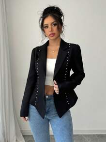 Chiquease 经典纯色粗花呢翻领西装外套 - 黑色 - 查看 6