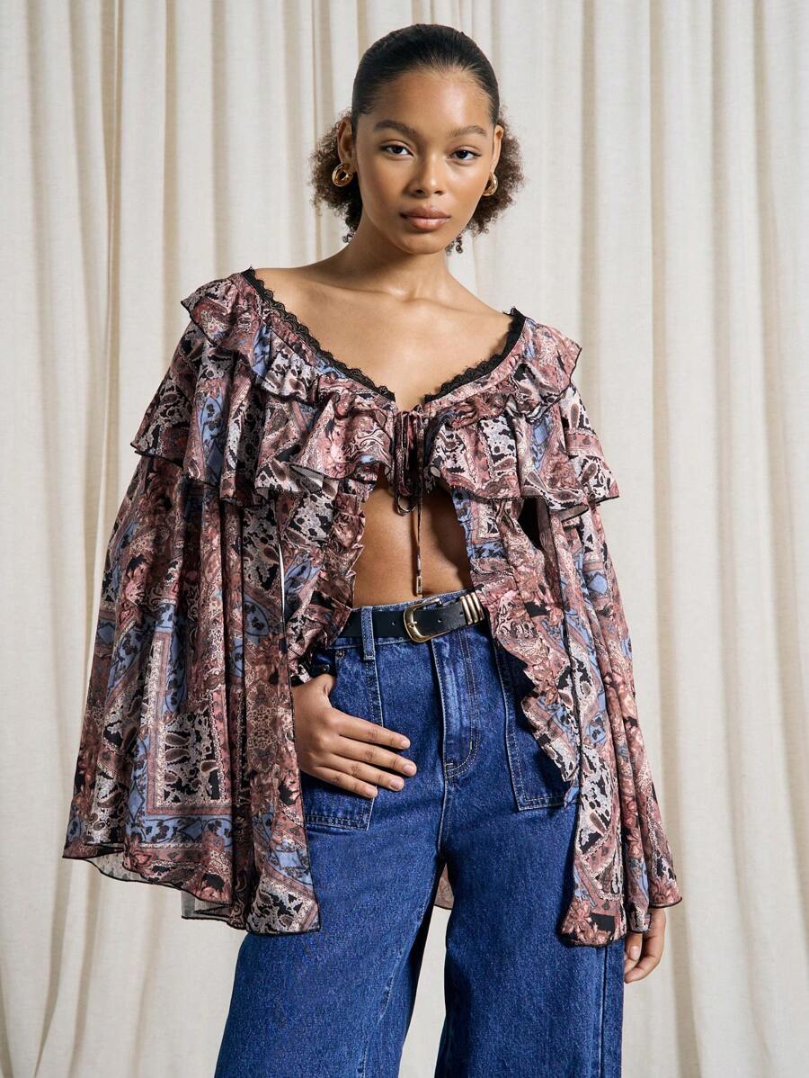 AiiRZ Boho Paisley Print Wide V-Neck Front Tie Flared Sleeve Top - Brown - View 1