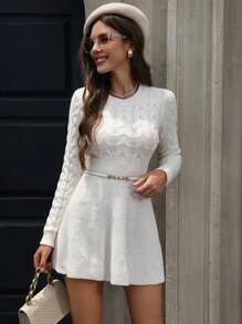 GENKIRA 低调圆领扭纹针织 A 字型长袖腰部修身毛衣裙，适合女士，秋冬 - 白色 - 查看 1