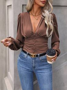 SHEIN Clasi Casual Solid Color Lantern Sleeve Ruched Waist Shirt For Autumn - Brown - View 7
