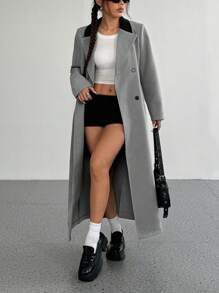 Flirla Palton lung la două piept pentru femei, casual, cu guler răsturnat, toamnă/iarnă - Gri inchis - Vizualizare 5