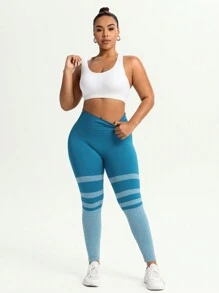 SHEIN Sport Studio Plus Size Women Striped High Waist Casual Workout Leggings