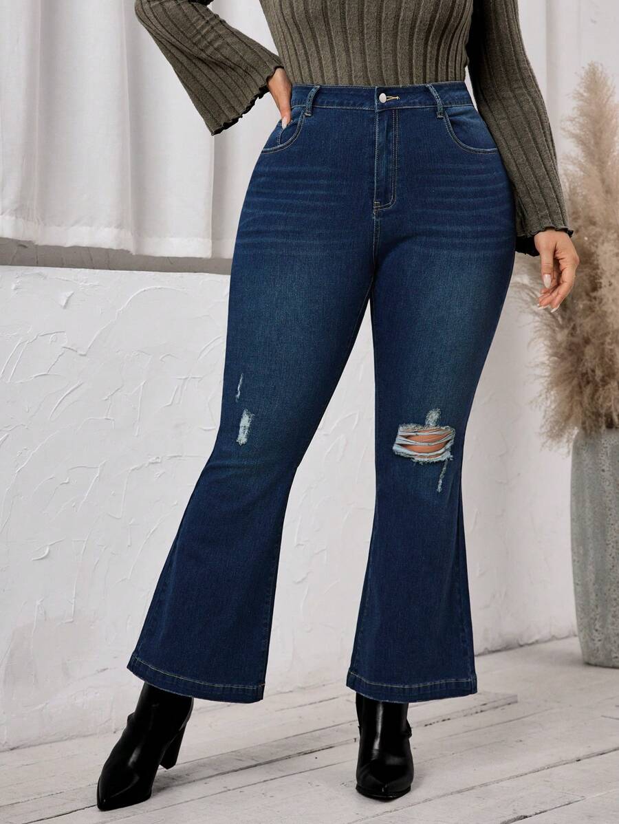 SHEIN LUNE Plus Size Casual Distressed Skinny Flare Leg Jeans - Medium Wash - View 1