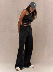 MISSGUIDED Athletic Jogger Sweatpants Wide Leg Palazzo Style Double Waistband Workout Lounge Pants Athleisure Fall Winter Bottoms - Black - View 5