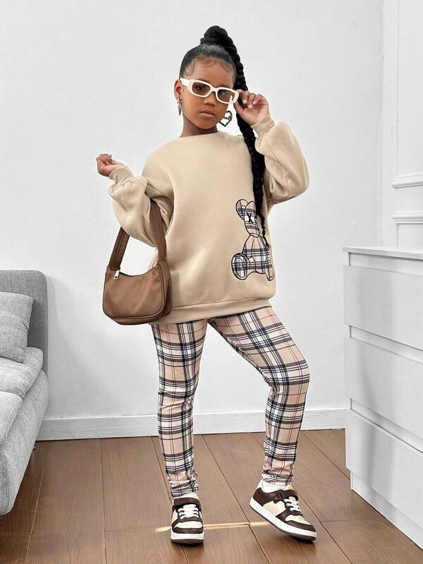 SHEIN Tween Girls' Casual Sports Fashion Teddy Bear Embroidery Loose Drop Shoulder Crew Neck Hoodie And Plaid Skinny Leggings Set, Khaki