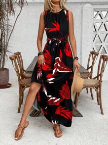 Breezaya Vestido largo de mujer con estampado de colores contrastantes y sin mangas