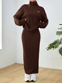 SHEIN EZwear 女士休闲字母印花高领宽松 T 恤和高开叉裙套装，秋冬 - 棕色 - 查看 5
