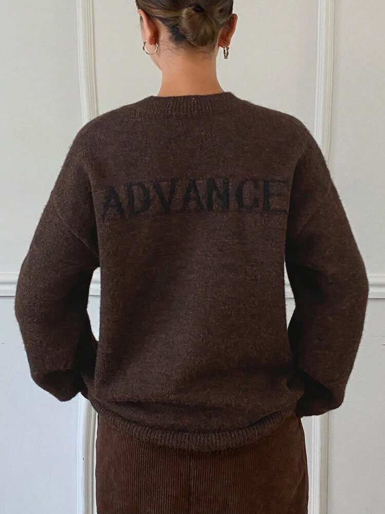 Loose Letter Jacquard Round Neck Knitted Sweater For Women,Fall Women Clothes