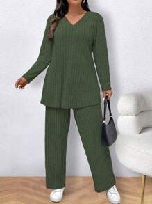 SHEIN LUNE Plus Size Women 2 Pieces Set, V-Neck Ribbed Long Sleeve T-Shirt And Casual Pants, Loose Fit, Autumn