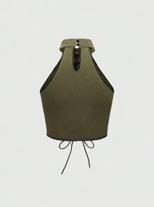 ROMWE Grunge Punk Distressed Washed 5-Pointed Star Patch Rivet Asymmetrical Women Lace-Up Halter Tank Top Nightclub Rave Army Green Summer Grunge - Army Green - View 2