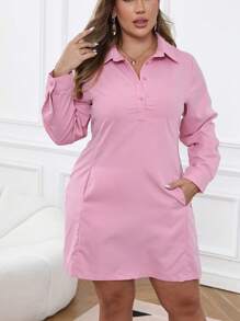 EMERY ROSE 大码纯色长袖休闲连衣裙 - 藕粉色 - 查看 4