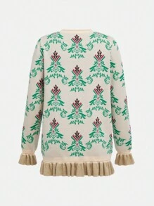 Teen Girls All-Over Print With Pockets Front Button Ruffle Hem Vintage Long Sleeve Cardigan - Green - View 3