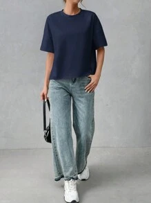 SHEIN Essnce Women's Casual Solid Color Simple Basic High Low T-Shirt, Summer - Navy Blue - View 3