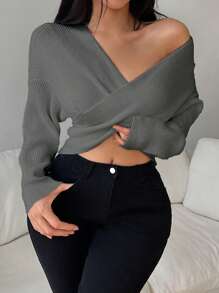 Chiquease Casual Crossover Wrap Loose Pullover Long Sleeve Sweater