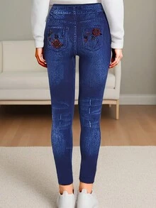 蓝色欧美女士休闲运动紧身裤，玫瑰花朵印花，牛仔效果，高弹力紧身，柔软舒适，适合居家、运动、瑜伽、健身、户外、春夏季 - 藍色 - 查看 2