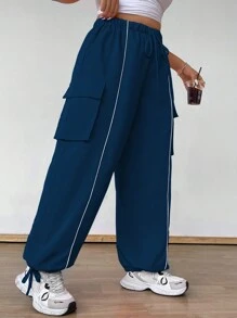Flirla Plus Size Solid Color Patchwork Elastic Waist Drawstring Cargo Pants With Tape Trim