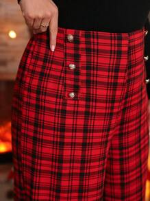 SHEIN LUNE Quần ống rộng in họa tiết kẻ caro cổ điển thường ngày cỡ lớn cho quần áo năm mới - Đỏ - Xem 3