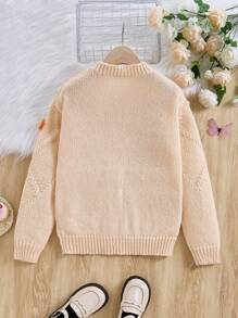 Teen Girls Cardigans With Textured Cable Applique Contrast Color Rib Knit Design