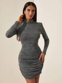 SHEIN Cottnline Small Turtleneck Tight Gray Comfortable, Soft And Skin-Friendly Dress - Grey - View 3