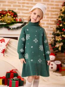 SHEIN 绿色长袖高领少女雪花提花针织毛衣裙，妈妈和我配套服装（2 件单独出售），圣诞节 - 綠色 - 查看 3