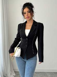 Chiquease 经典纯色粗花呢翻领西装外套 - 黑色 - 查看 5