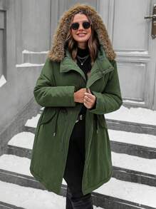 SHEIN LUNE Áo khoác có mũ trùm đầu chắp vá cỡ lớn dài tay có đệm thường ngày mùa đông - xanh quân đội - Xem 6