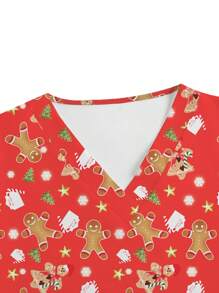 PopScrub Parte superior de uniforme de enfermería con diseño de dibujos animados navideños de manga corta - Rojo - Ver 5