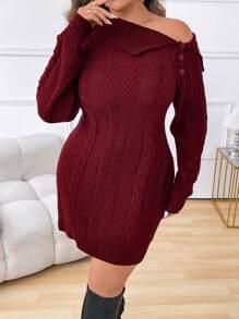 Calvaya 大码不对称领纯色毛衣裙，春秋装 - 酒紅色 - 查看 6