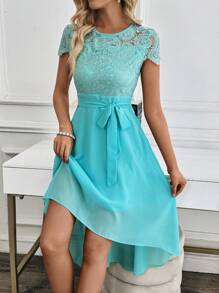 SHEIN Clasi Váy ngắn tay bó sát, xếp ly, ren chắp vá, vải chiffon màu xanh bạc hà, mùa xuân/hè - Màu xanh bạc hà - Xem 4