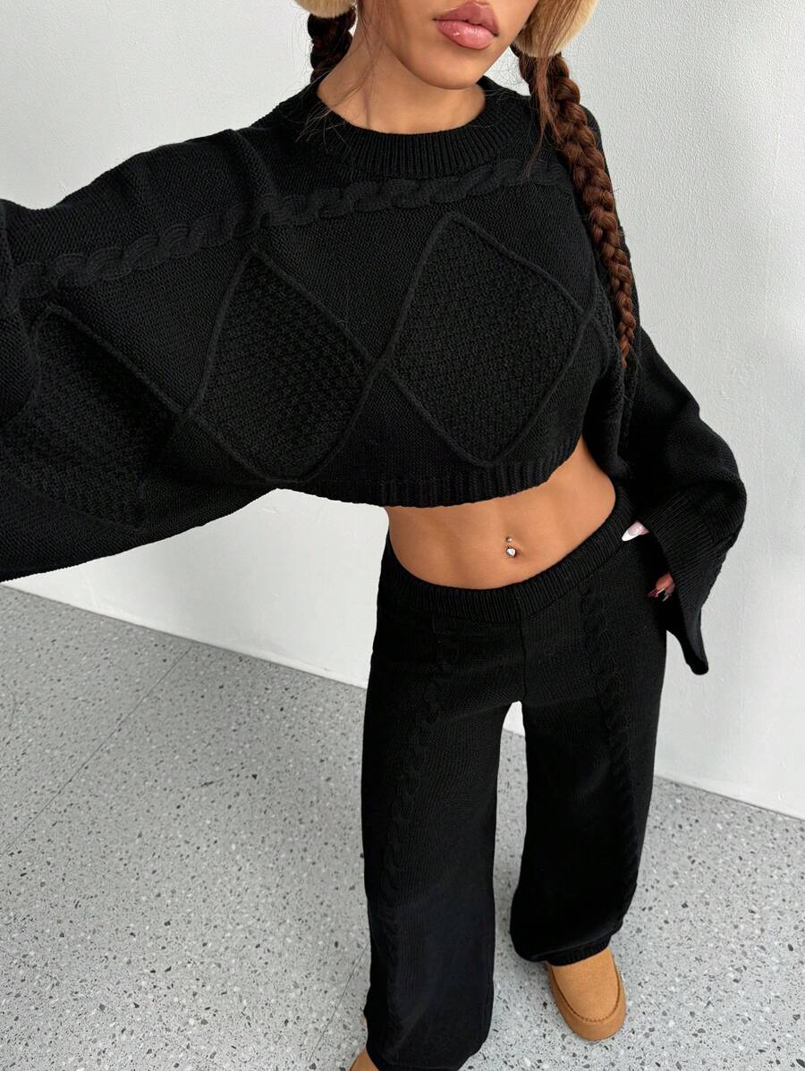 SHEIN Unity 2 件套时尚宽松圆领套头毛衣和裤子套装 - 黑色 - 查看 1