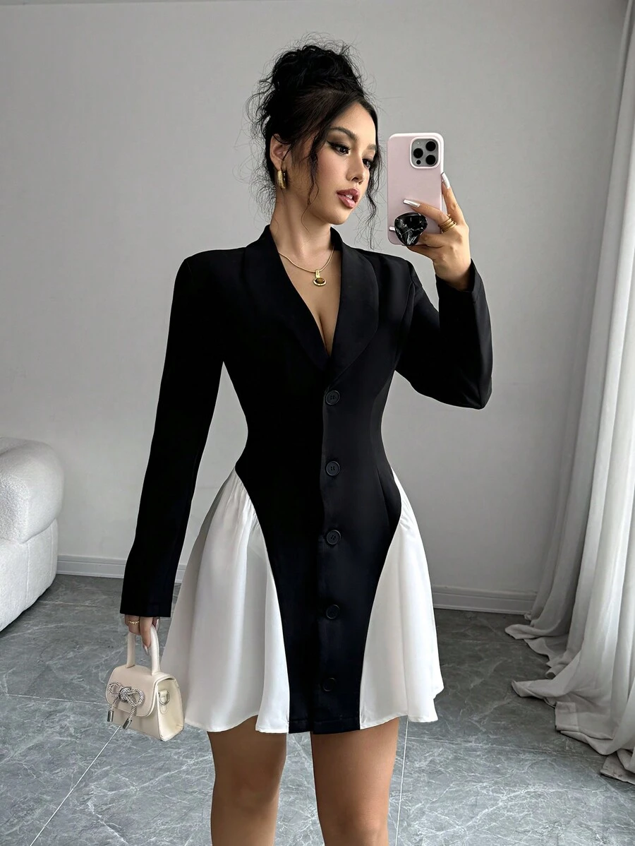 Elenzga Women's Black & White Color Block Ruffle Hem Dress Fall Cloth For Women - Black and White - View 1