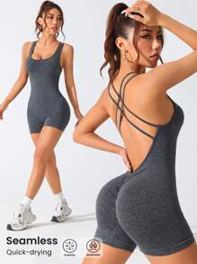 SHEIN Sports Criss-Cross Back Seamless High Stretch Sports Jumpsuits - Black - View 1