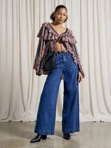 AiiRZ Boho Paisley Print Wide V-Neck Front Tie Flared Sleeve Top - Brown - View 4