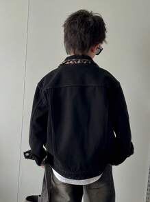 SHEIN Tween Boy Black Denim And Leopard Print With Velvet Functional Double-Sided Wear Lined For Added Warmth With Long Sleeves And Lapels Denim Jacket For Dailywear And Fall/Winter Kids Clothes - Multicolor - View 6