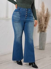 SHEIN LUNE Plus Size Front Button Pocket Flared Leg Elegant Jeans - Medium Wash - View 5