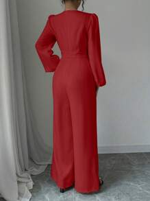 Chiquease 女士拼色纽扣装饰灯笼袖宽松连身裤 - 紅色 - 查看 2