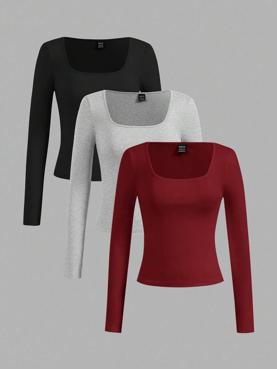 SHEIN EZwear 3 件短款长袖修身女士 T 恤，适合夏季和秋季休闲 - 彩色 - 查看 1