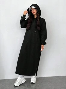 SHEIN EZwear 女士长袖抽绳休闲黑色针织连帽卫衣连衣裙连帽连衣裙女装长袖超大连衣裙Momo连衣裙女秋冬装 - 黑色 - 查看 5