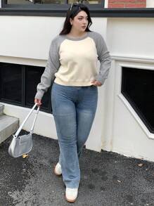 Dazy Plus Plus Size Contrast-Color Patchwork Crew Neck Oversized Pullover Sweater, Fall Clothes - Apricot - View 3